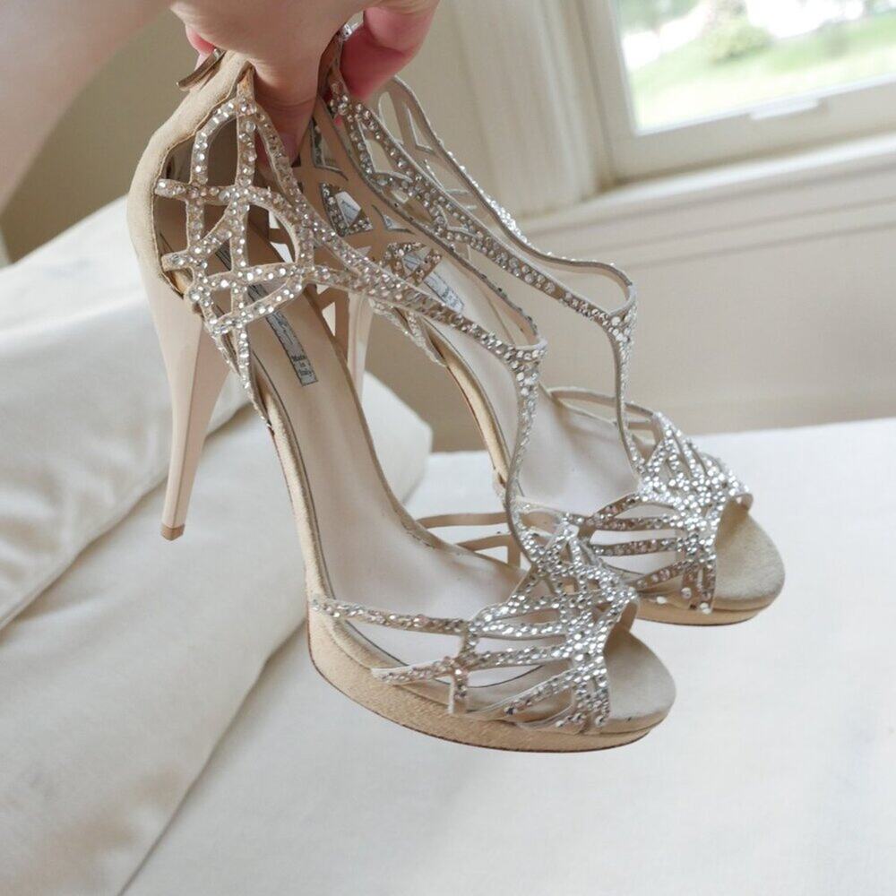 Grey Mer Italy Crystal Heels made in Italy Strappy Sandals suede 8.5 9 - Picture 1 of 11